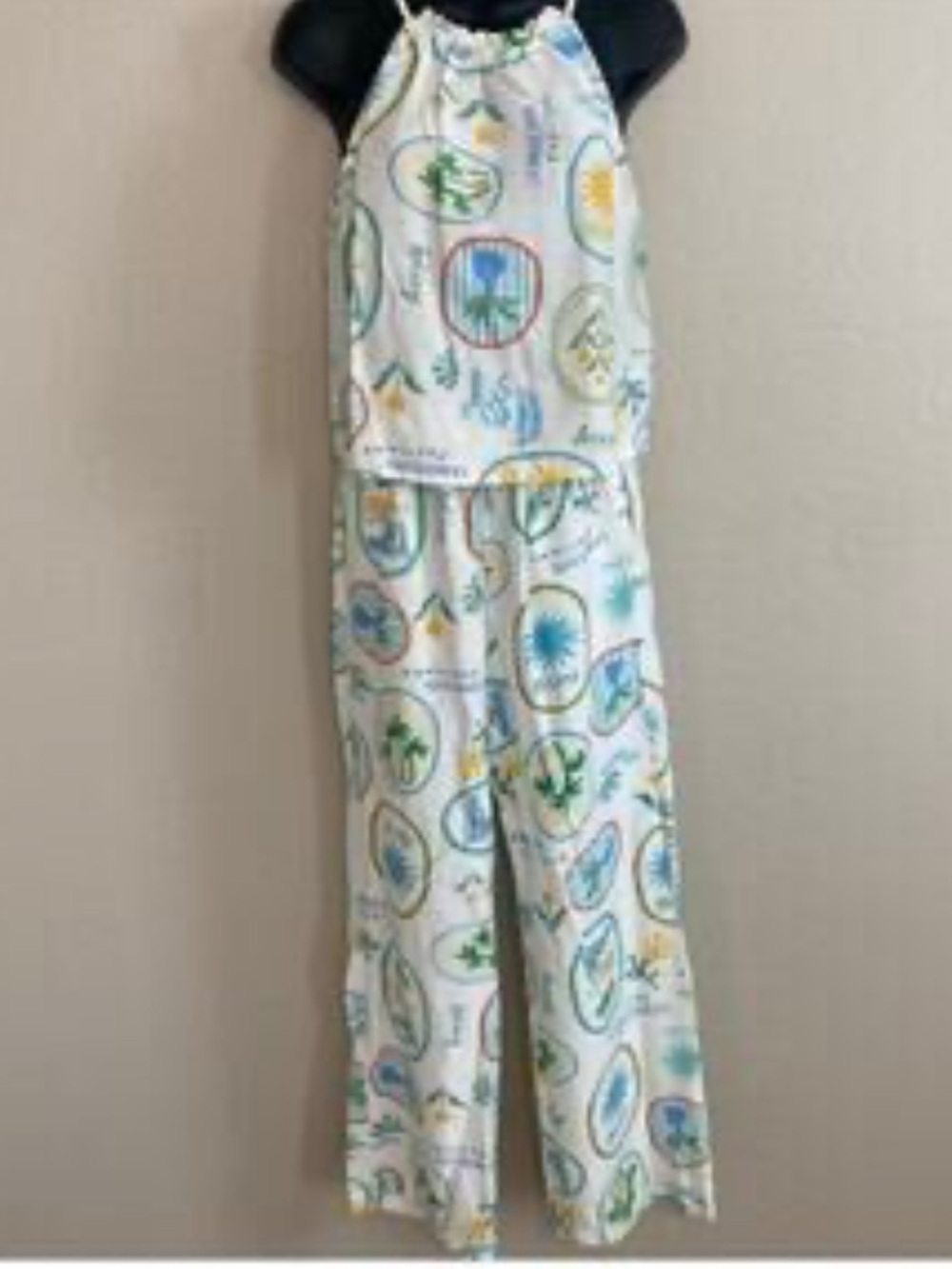 Monteau 2 piece pants set coastal print, white blue green sz S